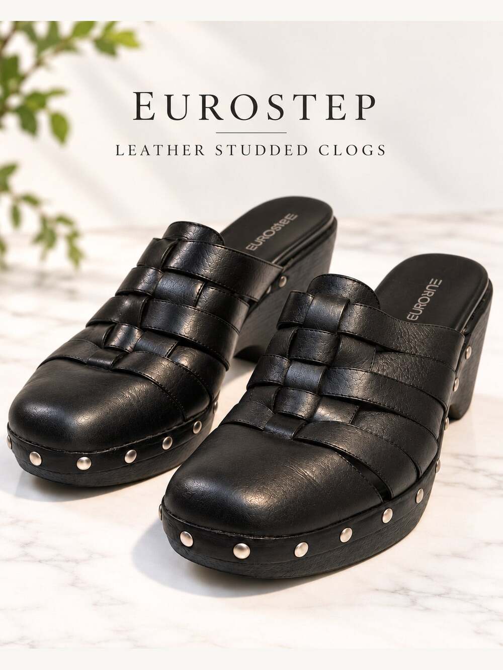 Eurostep Black Leather Woven Studded Clogs Women’s 8.5 Chunky Heel Mules